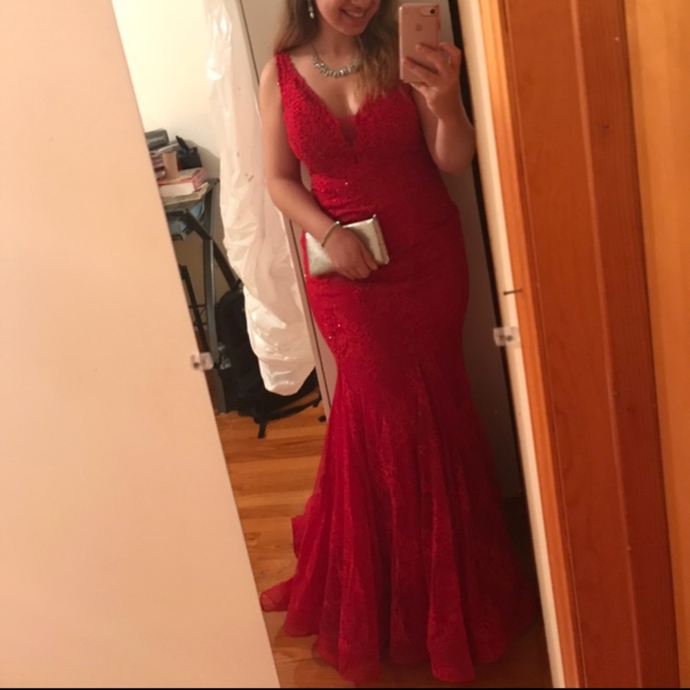 Mori Lee Red Lace Fit & Flare Dress - Picture 7 of 8